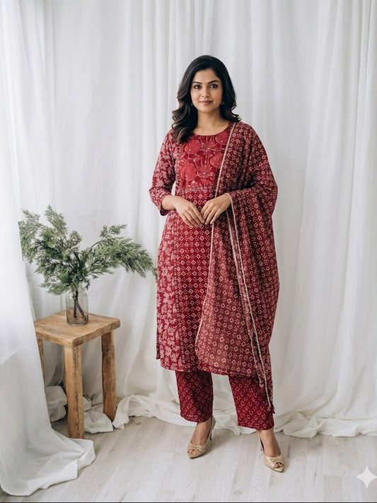 FLORAL PANEL MAROON KURTI SUIT-1328