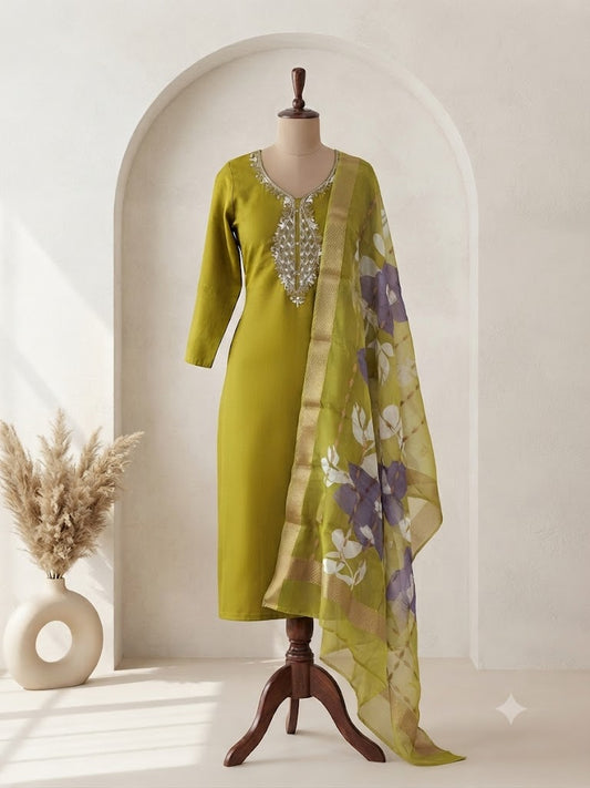 PARROT GREEN SILK ETHNIC SUIT-1304