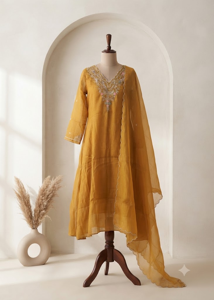 YELLOW CHANDERI ETHNIC SUIT-1781