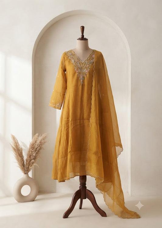 YELLOW CHANDERI ETHNIC SUIT-1781