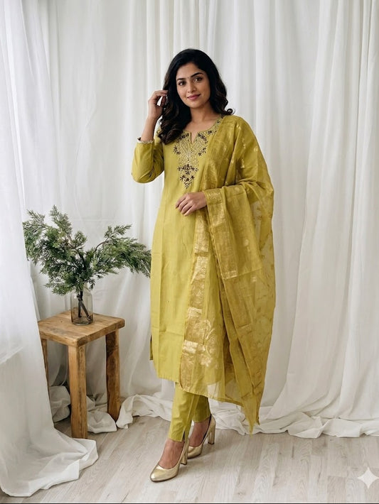 ROYAL WEAVE LIME GREEN ETHNIC SUIT-1577