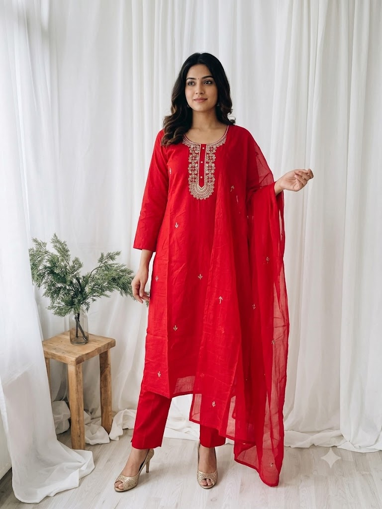 RED CHANDERI ETHNIC SUIT-1716