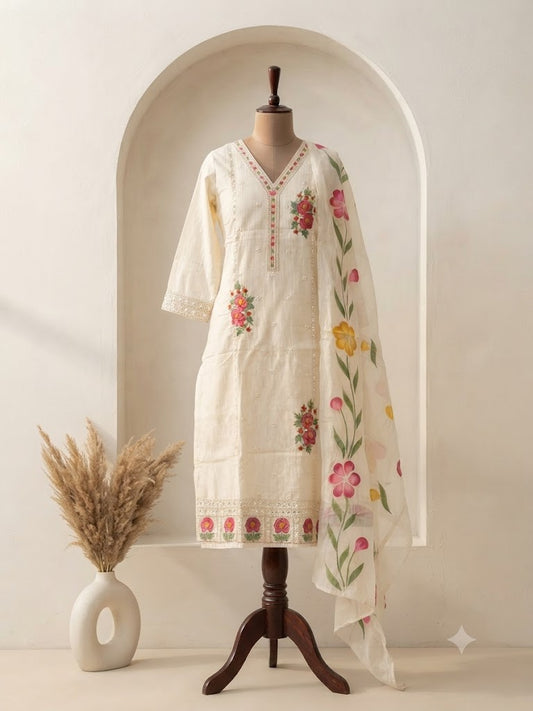 CREAM FLORAL KURTI SET-1545
