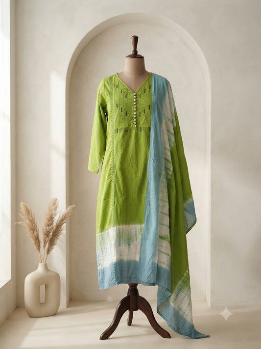 BLUE GREEN TIE & DYE COTTON KURTI SET-1798