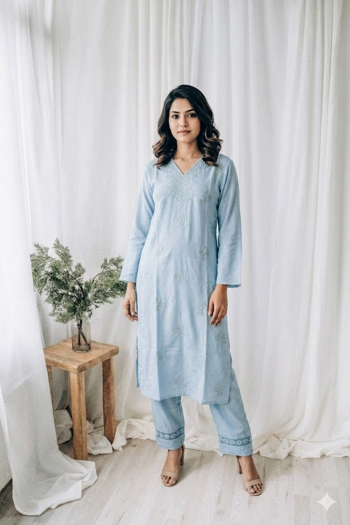 BLUE CHIKANKARI COORDSET-0116