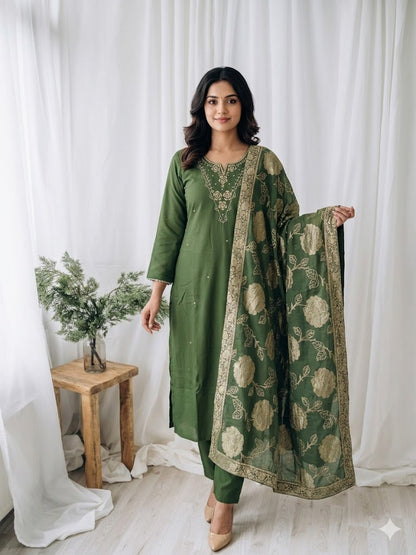 ROYAL WEAVE MEHENDI GREEN ETHNIC SUIT-1575