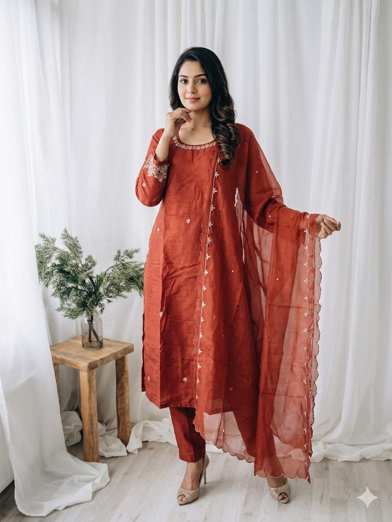RUST ORANGE SILK ETHNIC SUIT-1668