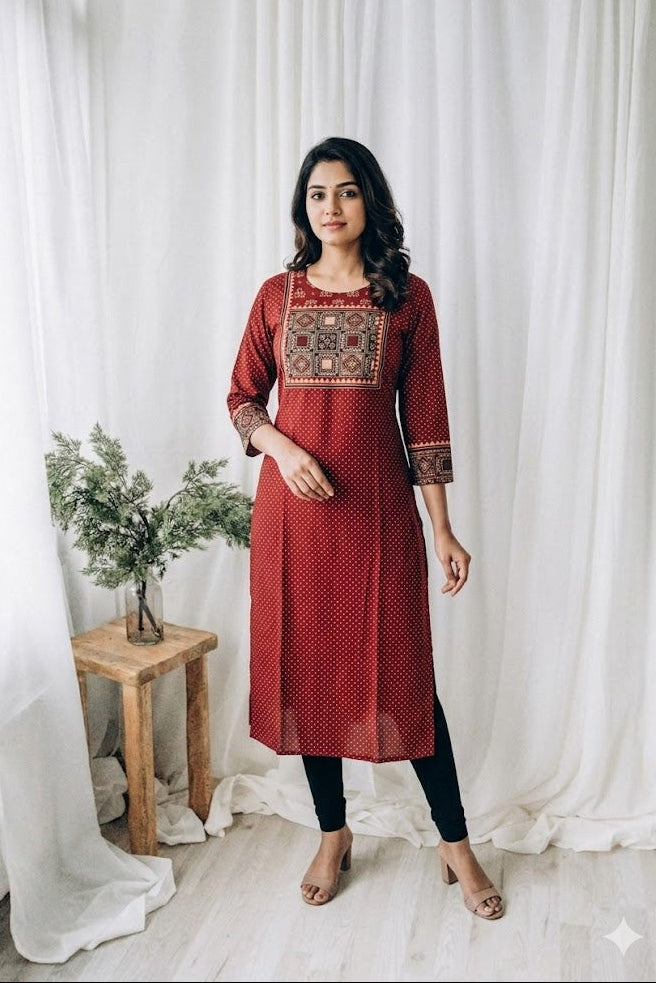 MAROON POLKA DOT KURTI-6074