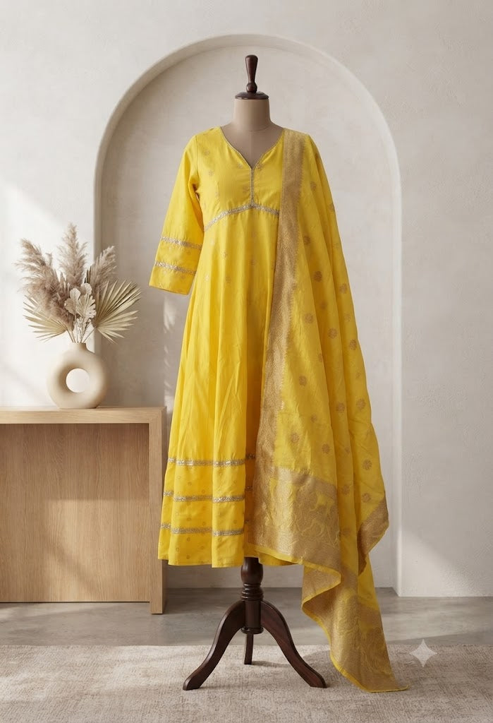 YELLOW SILK TOP & DUPATTA SET-3021