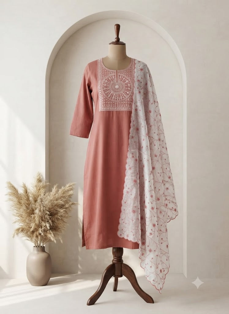 PEACH SILK ETHNIC SUIT-1096