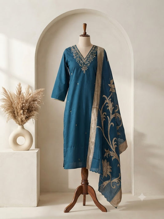 ROYAL WEAVE BLUE ETHNIC SUIT-1576
