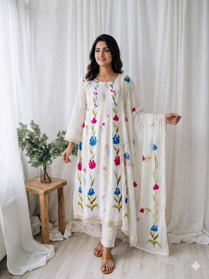 WHITE CANVAS FLORAL KURTI SET-1609