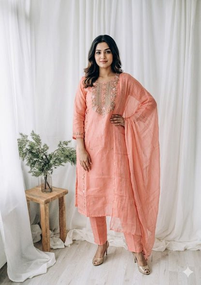 PEACH VISCOSE ETHNIC SUIT-1453