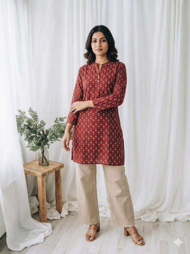 MAROON AJRAKH SHORT KURTI-5038