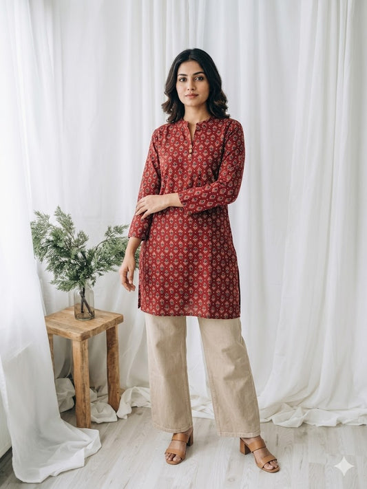 MAROON AJRAKH SHORT KURTI-5038