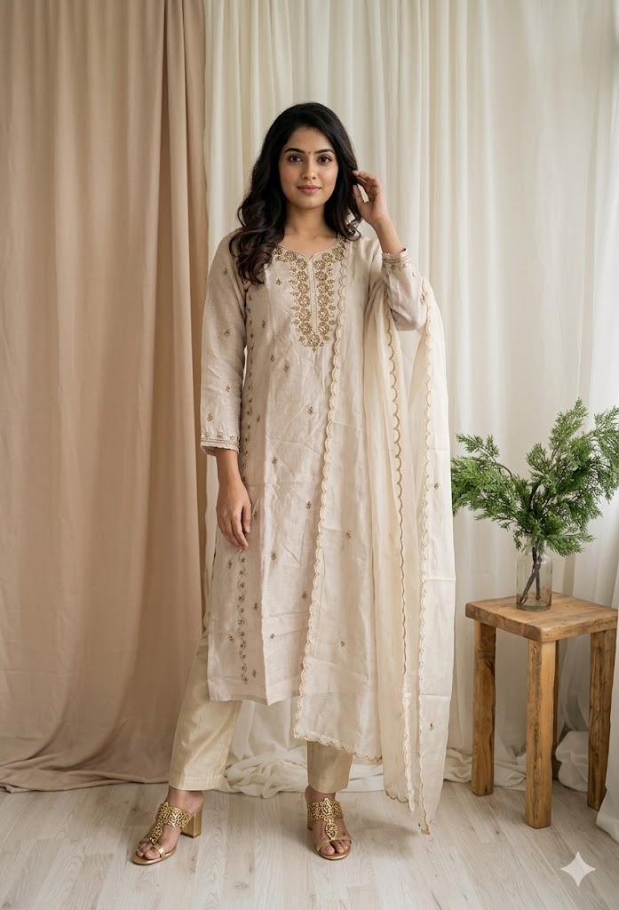BEIGE SILK ETHNIC SUIT-1610