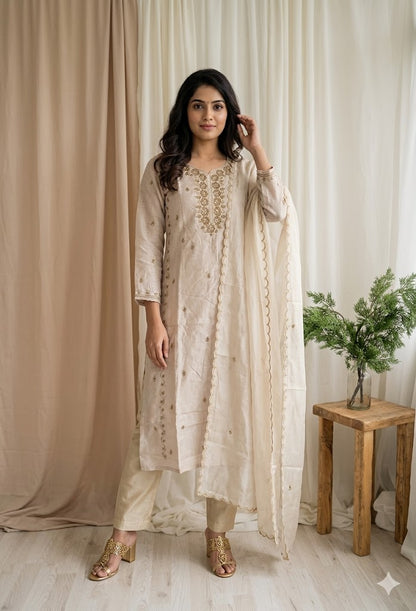 BEIGE SILK ETHNIC SUIT-1610