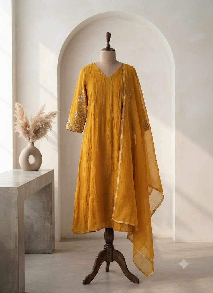 YELLOW CHANDERI ETHNIC SUIT-1779