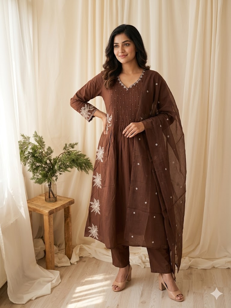 BROWN PINTUCK KURTI SET-2090
