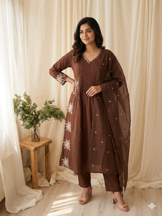 BROWN PINTUCK KURTI SET-2090
