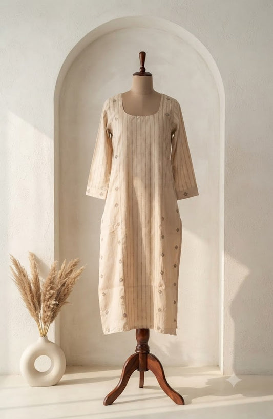 CREAM HANDLOOM KURTI-6143
