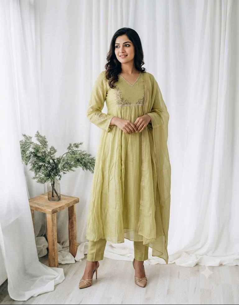 LEMON GREEN CHANDERI ETHNIC SUIT-1746