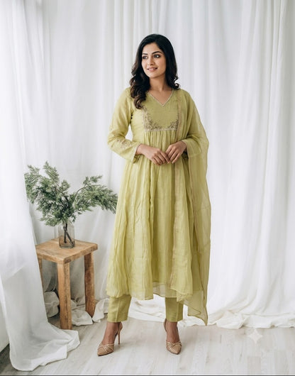 LEMON GREEN CHANDERI ETHNIC SUIT-1746