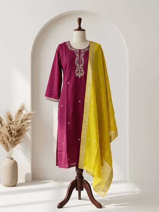 MAROON SILK ETHNIC SUIT-1022