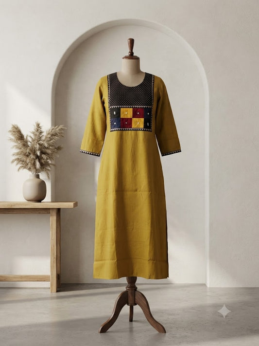 AJRAKH PATCH YELLOW KURTI-6092