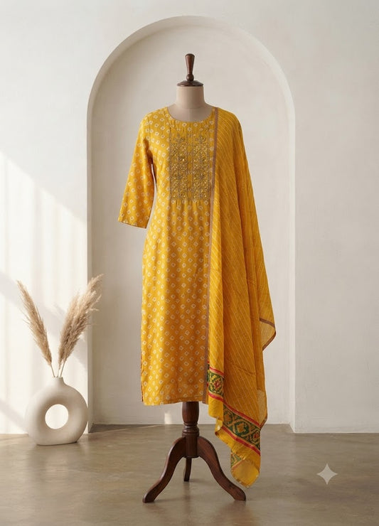 YELLOW SILK ETHNIC SUIT-1013