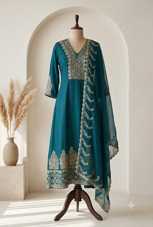 TEAL CHINON ETHNIC SUIT-2050