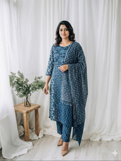 FLORAL PANEL BLUE KURTI SUIT-1332