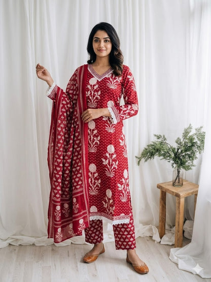 RED FLORAL KURTI SET-1513