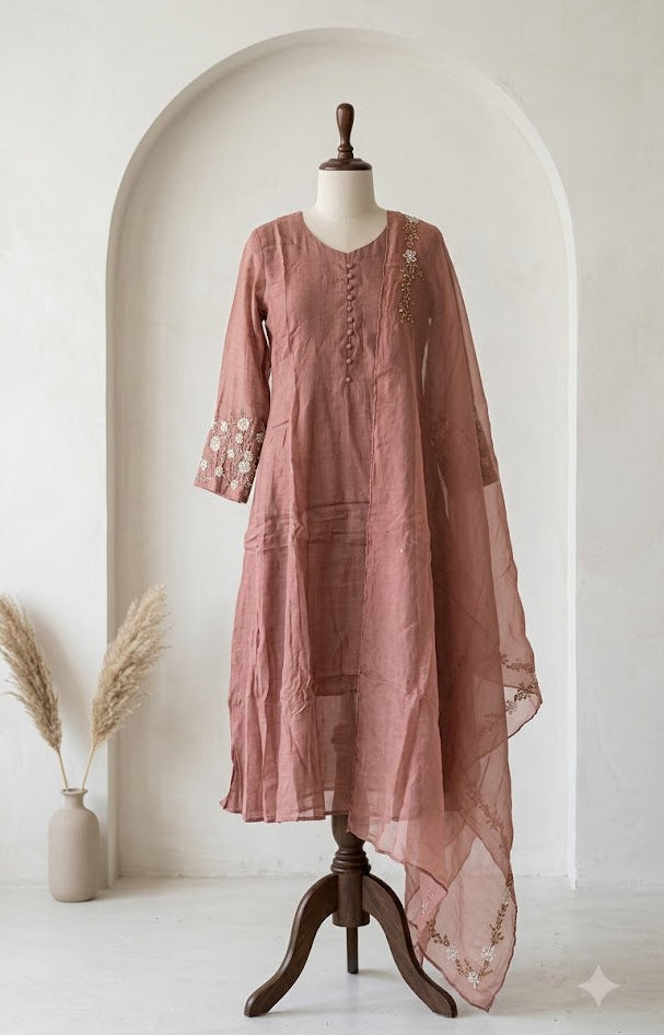 PEACH CHANDERI ETHNIC SUIT-1747