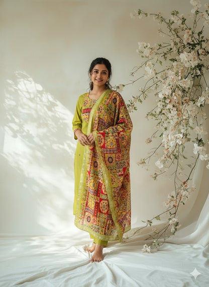 GREEN PATCH YOKE  ETHNIC SUIT - 1368