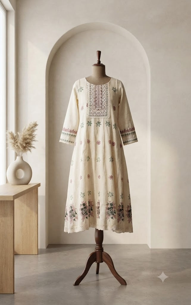 CREAM PANEL KURTI-3013