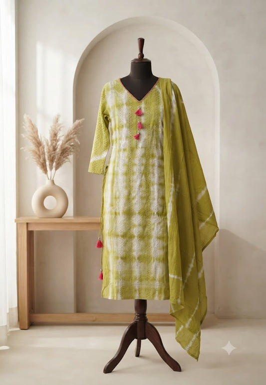 GREEN TIE & DYE COTTON KURTI SET-1797