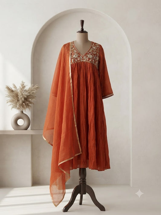 ORANGE CHANDERI ETHNIC SUIT-1784