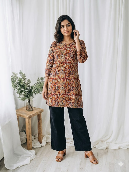 RED KALAMKARI SHORT KURTI-5040