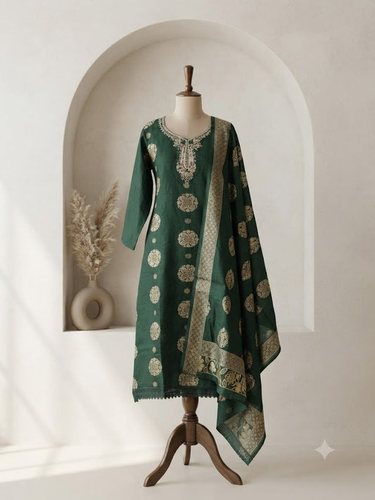 GREEN SILK ETHNIC SUIT-1529