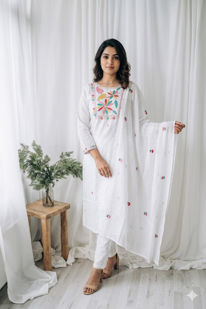 WHITE COTTON KURTI SET-1571