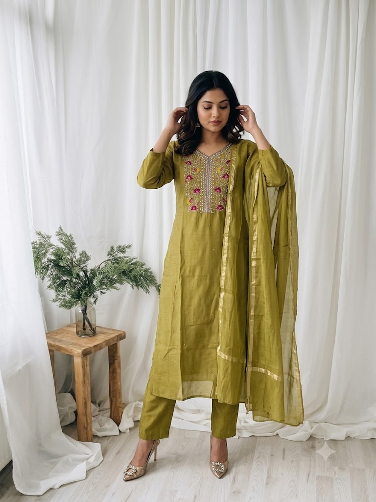 GREEN CHANDERI ETHNIC SUIT-1728