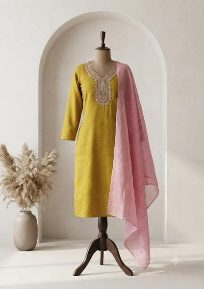 GREEN SILK ETHNIC SUIT-1071