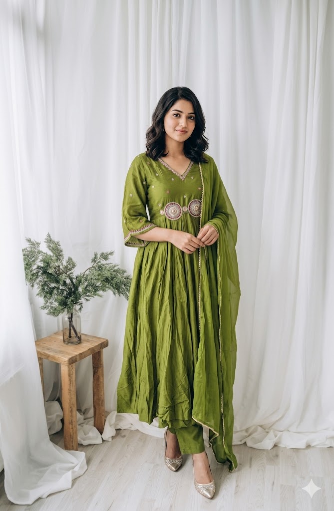 GREEN SILK  ETHNIC SUIT-1399