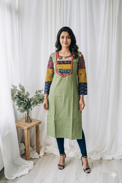 GREEN COTTON PRINT KURTI-6038