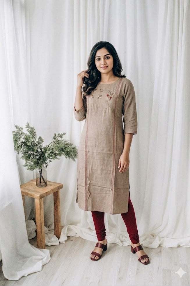 BROWN COTTON HW KURTI-6070