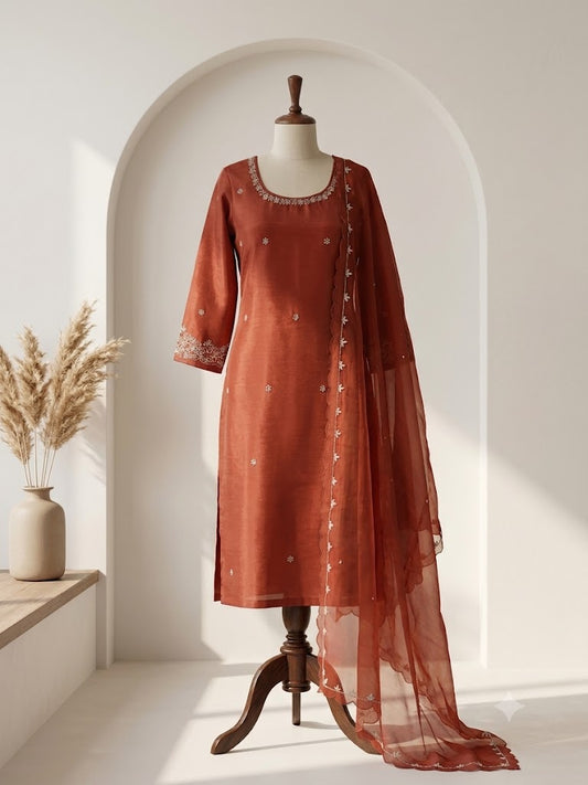 RUST ORANGE SILK ETHNIC SUIT-1668