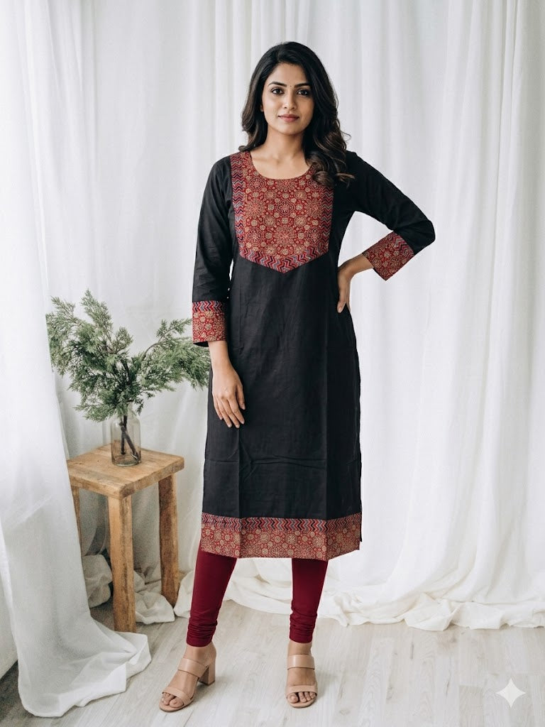 AJRAKH AURA BLACK KURTI-6034