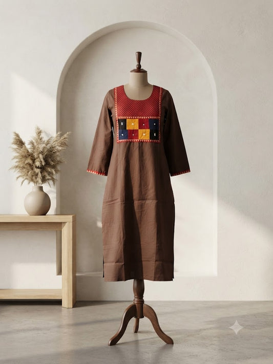 AJRAKH PATCH BROWN KURTI-6092