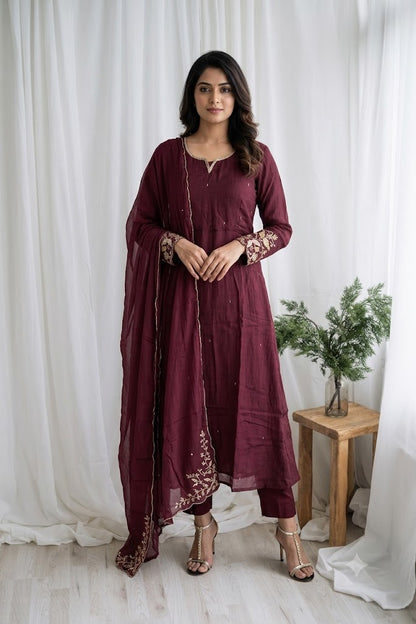 MAROON CHANDERI ETHNIC SUIT-1744